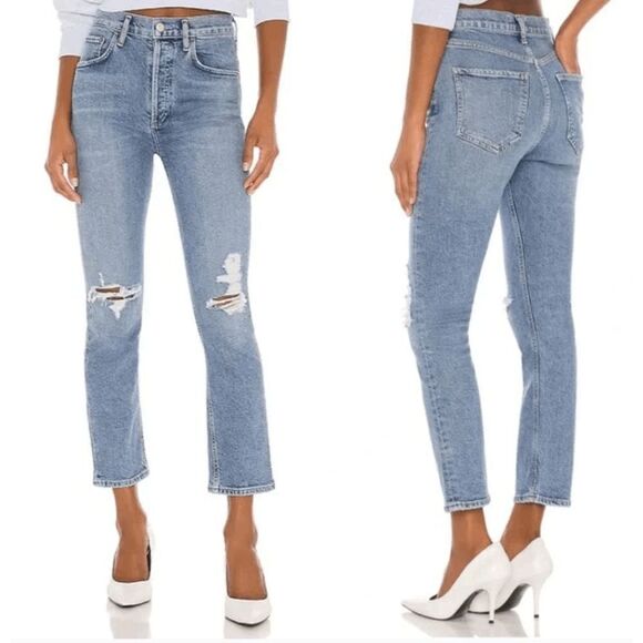 Agolde Denim - Agolde Riley High Rise Straight Jeans Distressed Ripped Denim 26